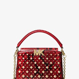 Michael Kors Karlie Small Studded Snake Embossed Leather Crossbody Bag / Crimson